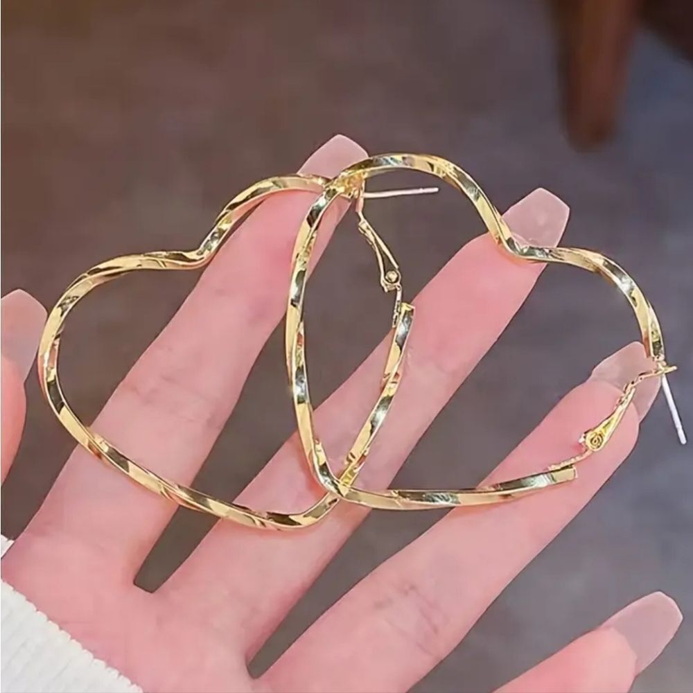 ♡ Valentines Gift ♡2" Twisted Shiny Brass Gold Heart Hoop Earrings